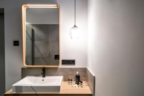 a bathroom with a sink and a mirror at Pulverhütte Gästehaus im egapark - ein Projekt der Lebenshilfe Erfurt Service gGmbH in Erfurt