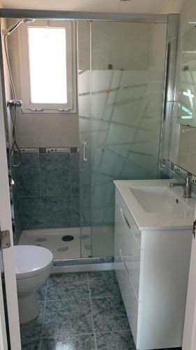 a bathroom with a shower and a toilet and a sink at Primera línea en Cullera con piscina. Inmejorables vistas in Cullera