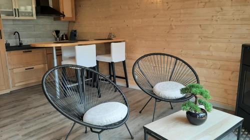 a kitchen with two chairs and a table with a counter at Le Domaine du Châtelet in Ferdrupt