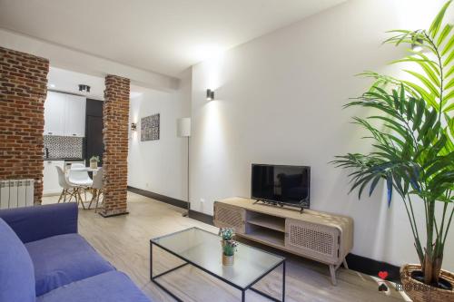 sala de estar con sofá azul y TV en MIT House Atocha II en Madrid, en Madrid
