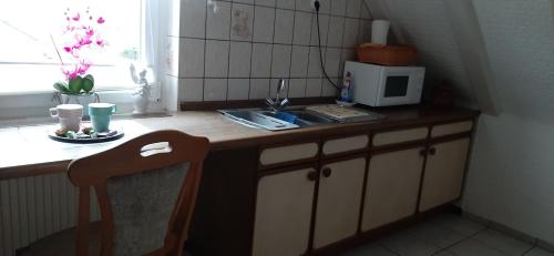 a kitchen with a counter with a microwave and a table at Ferienwohnung Gutowski in Andernach