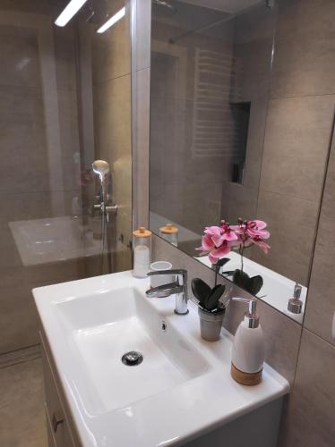 a bathroom with a sink with a mirror and pink flowers at Blue Sky - apartament z pięknym widokiem na górę Telegraf in Kielce