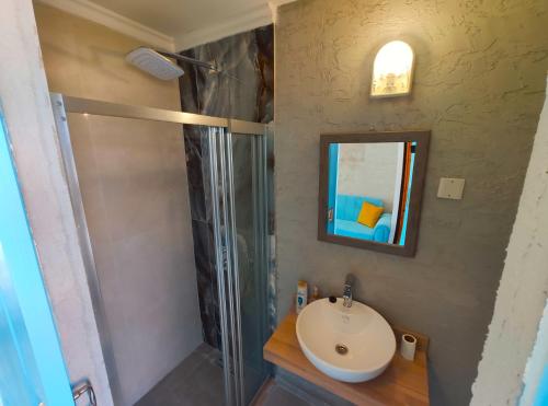 ein Bad mit einem Waschbecken und einer Glasdusche in der Unterkunft OASİS AT AYFİLON in Rizokarpaso