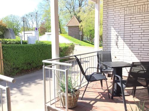 a porch with chairs and a table and a potted plant at Landschaftliches Haus in Tönning