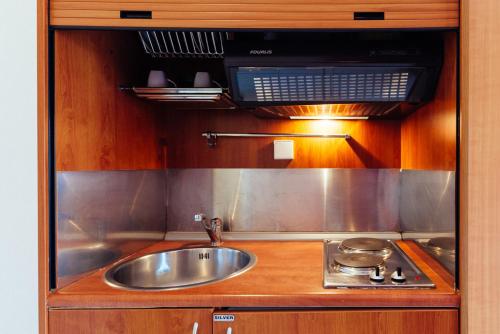 a kitchen with a sink and a stove at Apanema Apartments in Vivari