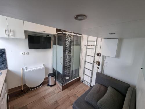 - un salon avec un canapé et une douche en verre dans l'établissement Amazing Studio near Parc des Expositions, à Paris