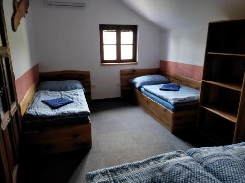 a room with two beds and a window at Vinný sklep a penzion U Vinohradu in Velké Bílovice