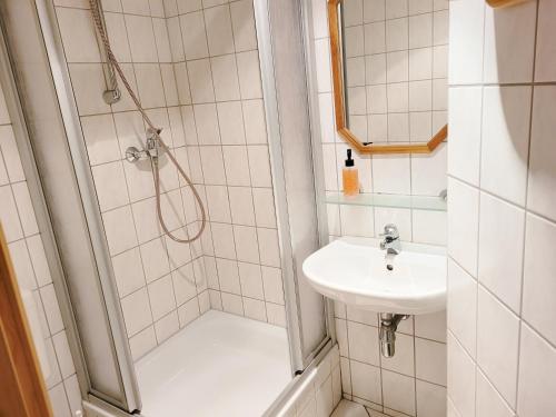 a bathroom with a shower and a sink at Pension Landhaus Teichgraf in Wolgast