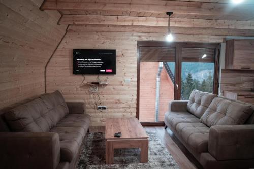 a living room with two couches and a tv at Villa Route Rugove in Peje