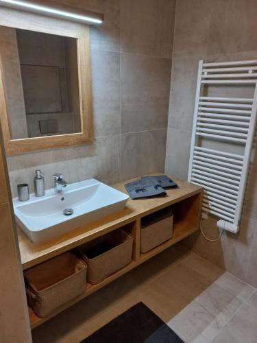 La salle de bains est pourvue d'un lavabo et d'un miroir. dans l'établissement Apartmán AČKO Polanský Dvůr - Velké Karlovice, à Velké Karlovice