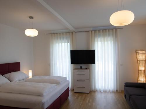 1 dormitorio con 1 cama y TV de pantalla plana en Rooftop Tulln operated by revLIVING en Tulln