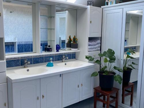 une salle de bains blanche avec deux lavabos et une plante en pot dans l'établissement J & C vacation home 8 minutes by car to Disneyland, à Montry