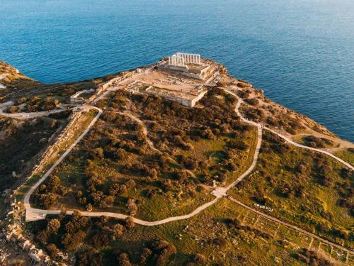 an aerial view of an island in the ocean at Lavrio stone house 5 min from the centre/port in Lávrion
