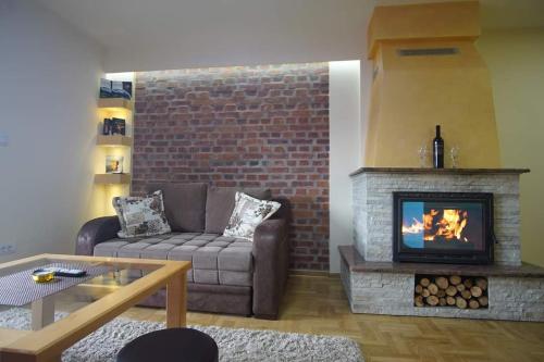 a living room with a couch and a fireplace at Tara Apartmani Malešević - 2 in Bajina Bašta