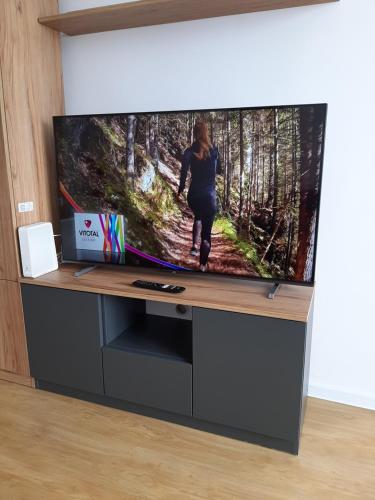 a television with a woman walking in the woods at KAWALERKA 28M SALON Z KUCHNIĄ CENTRUM NOWY SĄCZ in Nowy Sącz