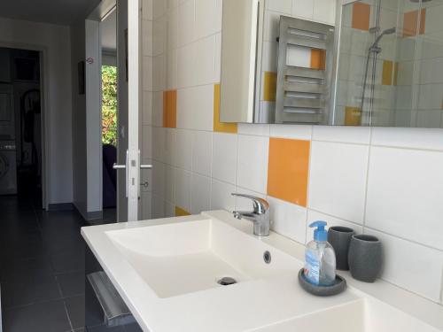uma casa de banho com um lavatório branco e um espelho. em Séjour au vert em Vert