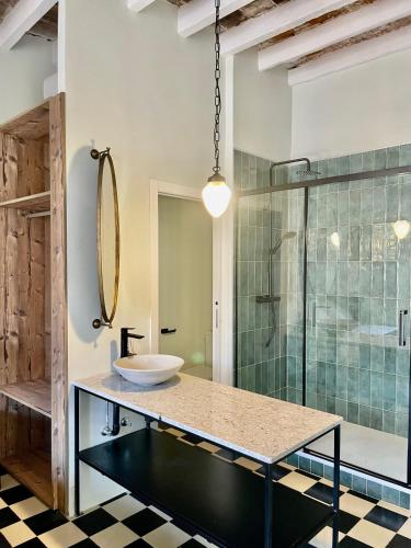 a bathroom with a sink and a glass shower at La Casa del Carrer Major in Santa Magdalena de Pulpis
