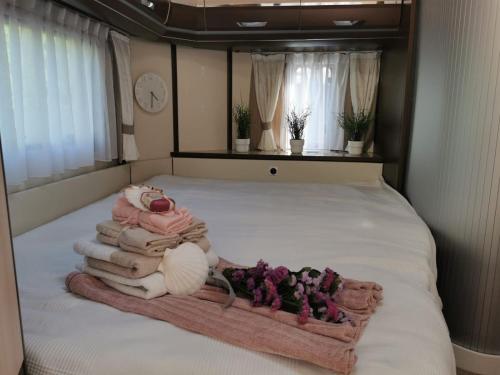 uma cama com uma pilha de toalhas e um bicho de peluche em Hausboot Mosel em Pölich