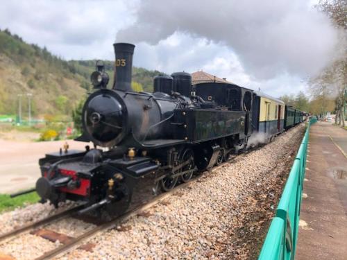 an old steam engine train is on the tracks at Chalet cosy à Lamastre, jardin clos in Lamastre