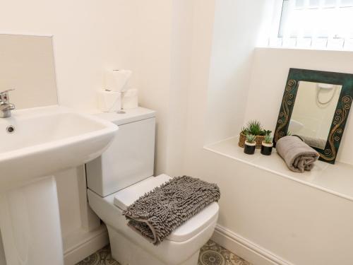 a white bathroom with a toilet and a sink at Clydfan Cottage in Llanerchymedd