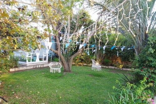 two white chairs in a yard with a tree at לאורה in Umm el Shuf