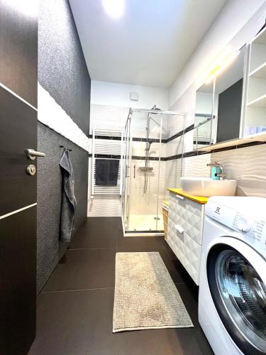a bathroom with a washing machine and a sink at St Emmerich Residence in Győr
