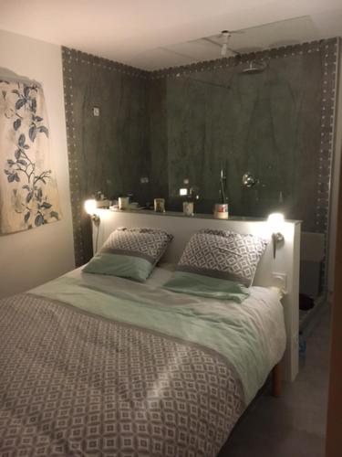 um quarto com uma cama com duas almofadas em Les Issambres, appartement pour quatre personnes em Roquebrune-sur-Argens