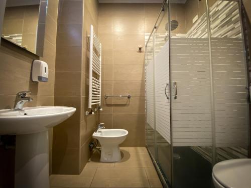 ein Bad mit einem Waschbecken, einem WC und einer Dusche in der Unterkunft Hotel Arena in Verona