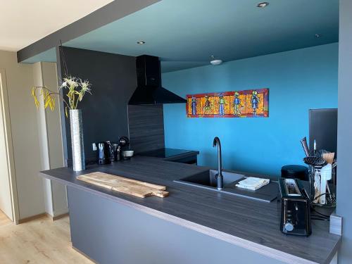 - une cuisine avec un évier et un mur bleu dans l'établissement Appartement atypique Epinal Gare, à Épinal