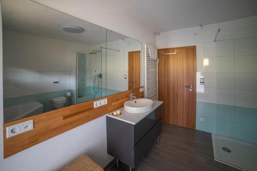 baño con lavabo y espejo grande en Ferienwohnung Am Waldrand en Bad Driburg