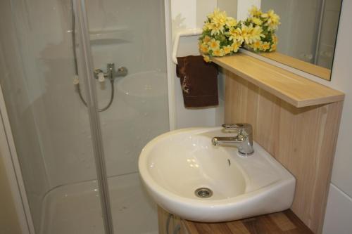 a bathroom with a sink and a shower at Bungalow Maslina in Podstrana