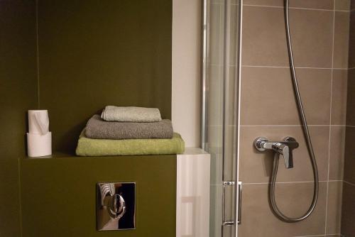 een badkamer met een douche en handdoeken op een plank bij Chambre d'hôtes de charme à Montreuil-Paris in Montreuil