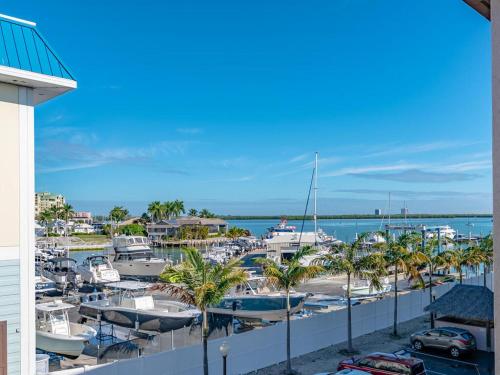 a marina with boats in the water and palm trees at Knot a Care Remodeled Direct water access condo with ocean and pool views NOW SLEEPS SIX in Marco Island