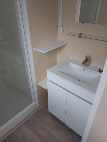 a white bathroom with a sink and a shower at mobil home tout confort 6 personnes climatisé au pied du Luberon in La Roque-dʼAnthéron