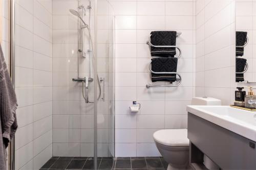 ein Bad mit einer Dusche, einem WC und einem Waschbecken in der Unterkunft Fjällnära Skilodge 19 in Sälen