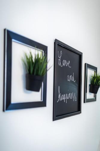 three pictures on a wall with plants in them at Suite L'echappee - Maison romantique - SPA & Sauna Privatif- Pole Dance - Lit rond avec miroir au plafond in Pézarches