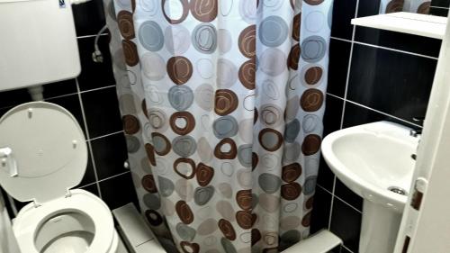 a bathroom with a toilet and a shower curtain at Apartman river side in Soko Banja