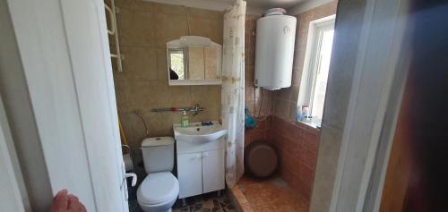 a small bathroom with a toilet and a sink at Стая за гости "Ирина" in Balchik