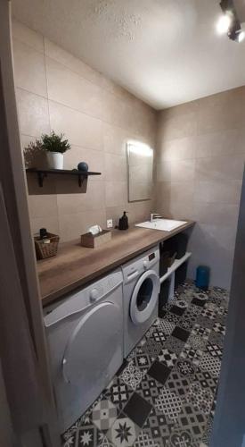 une salle de bain avec une machine à laver et un lavabo dans l'établissement Résidence Les Marines de Moriani pieds dans l'eau duplex avec terrasses vue mer, 4-8 pers, à San-Nicolao
