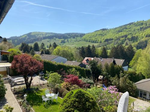 uma vista para um jardim com montanhas ao fundo em Hills Hut em Langelsheim