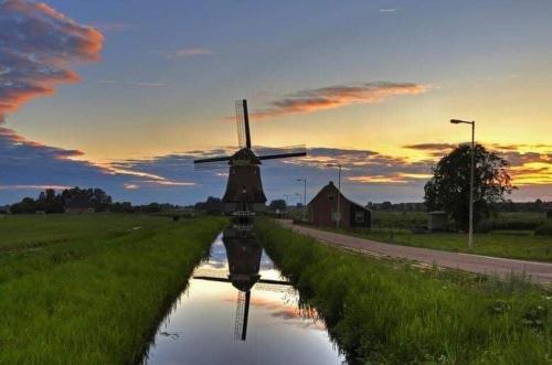 a windmill in the middle of a canal at B&B CaSandra in Volendam
