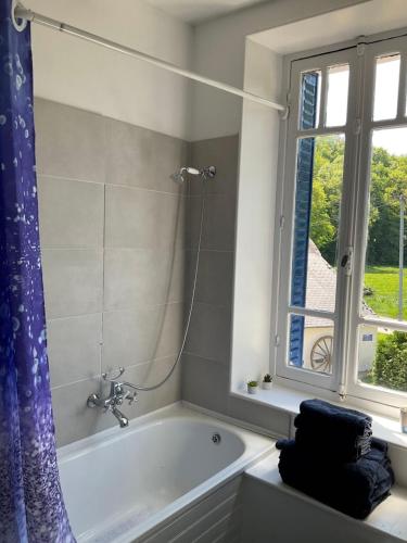 une salle de bain avec une baignoire et une fenêtre dans l'établissement Moulin des Forges Gites, Camping et Glamping, à Moutier-Malcard