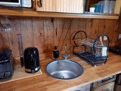 a kitchen counter with a sink and a microwave at Cabane suspendue dans les arbres in Villebon-sur-Yvette
