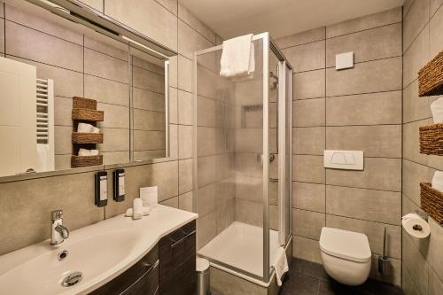 a bathroom with a sink and a toilet and a shower at Hotel Roter Hahn in Regensburg