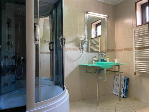 Lovely Apartment in Varlaam في Între Bîsci: حمام مع دش ومغسلة وحوض استحمام