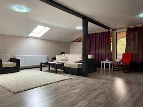 Lovely Apartment in Varlaam في Între Bîsci: غرفة معيشة مع سرير وأريكة