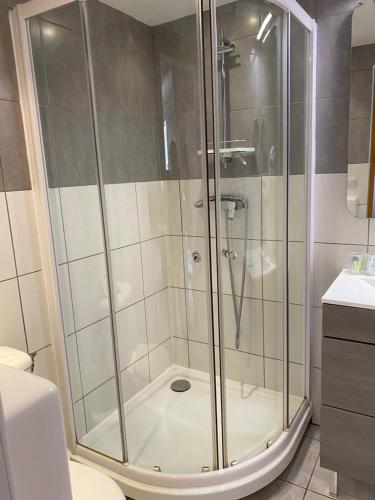 a shower with a glass door in a bathroom at LOGIS Hôtel La Chaumière in Marseillan