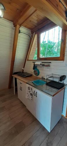 una cocina con fregadero y una ventana en una habitación en Domki pod Dębami, en Trzcianka