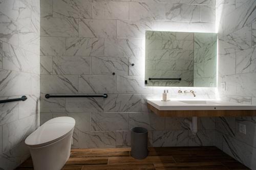 a bathroom with a sink and a toilet and a mirror at The Schoolhouse Hotel, Trademark Collection by Wyndham in White Sulphur Springs