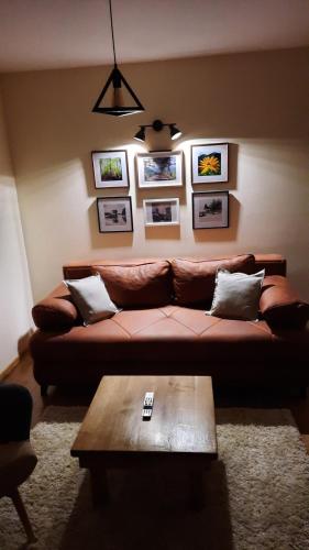 a living room with a couch and a coffee table at Tara Apartmani Malešević - 3 lux in Šljivovica